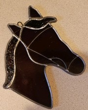 Stained Glass Horse Head Suncatcher Window Hanging Wall Decor Brown Glass