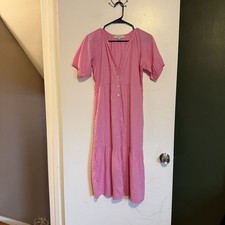 Loft bubblegum pink button front puff sleeve v neck tea length midi dress