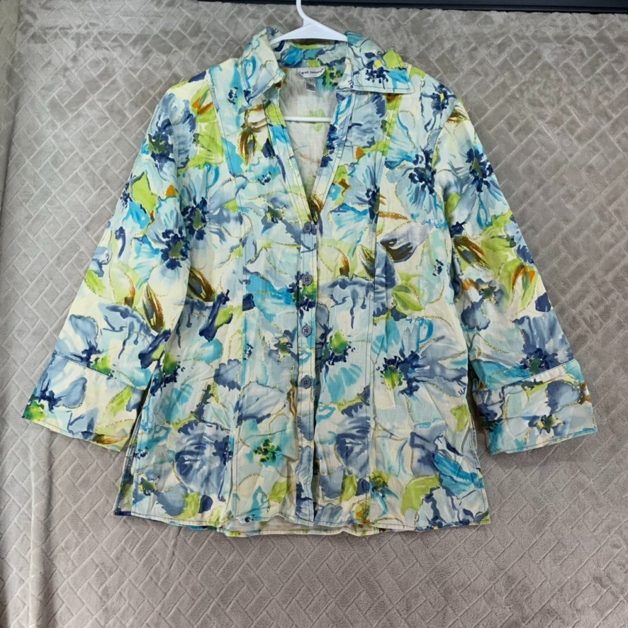 Harve Bernard Shirt Womens L Blue Green Floral Glitter Button Up Long Sleeve