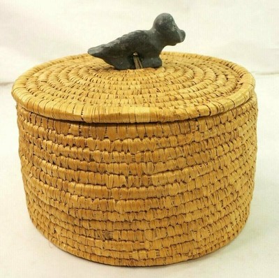 Native American Coil Basket With Stone Carved Fetish Handle