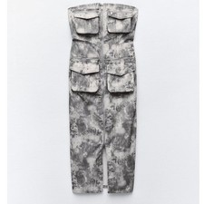 🆕️ NWOT - Zara Womens Grey Acid Wash Cargo Utility Strapless Midi Dress XS