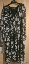 Primark Smocked Maxi Dress Size 20 Black/White Floral V-Neck Long Sleeve