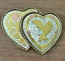 Vintage W USA Double Heart Eagle Belt Buckle Tri-Color Gold Silver Pink Western
