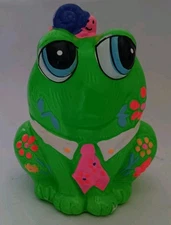Vintage OSL 1969 Taiwan Chalkware Neon Colors Frog Bank - 6 inches tall
