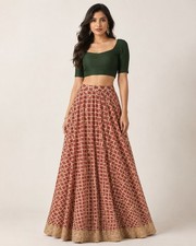 Sanskriti New Red Organza Unstitched Lehenga Hand Embroidered Zardozi Gota Patti