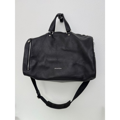 Bugatchi Designer Black Leather Men's Weekender Duffel Travel Bag Luggage 