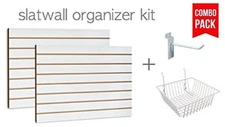 White Slatwall Panels Organizer Kit (2) 2'Hx4'W + (15) 6" hooks & 4 baskets
