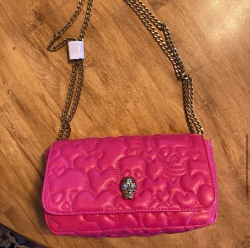 Betsey Johnson Hot Pink Quilted Skull Skeleton Bag Chain Strap Crossbody RARE - Picture 3 of 7