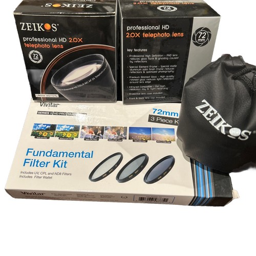 Lot: Two NIB Zeikos 72mm Telephoto 2.0x Lens & Vivitar 3 Piece Filter Kit