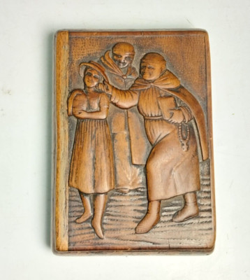 Antique c1900 German Black Forest Carved Wood Cigarette Case 2 Monks Molest Girl
