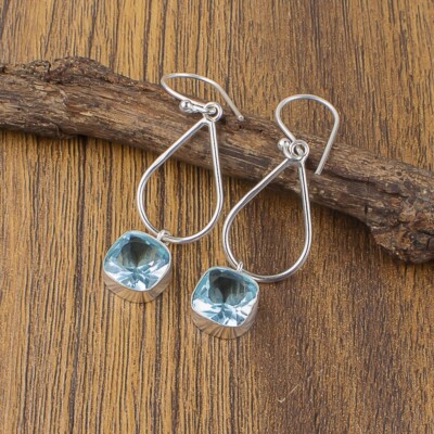 Natural Sky Blue Topaz Gemstone Earrings 925 Sterling Silver Jewelry For Girls