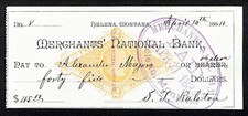 Merchants National Bank Helena, MT 1884 "¿Alexander Majoro?" Cheque bancario RN