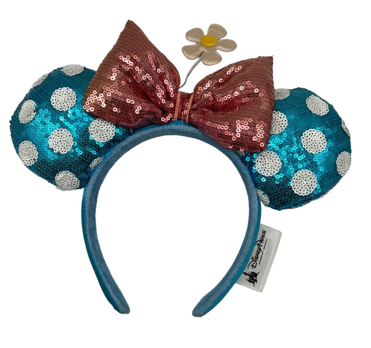 Disney Parks Classic Minnie Mouse Blue Polka Dot Ears Hat NEW Minnie Mouse Blue Polka Dot Bow With Daisy Flower Disney  main image 3