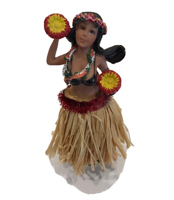 Hawaiian Dashboard Nodder Hula Girl with Natural Grass Skirt & Flower Pom Poms