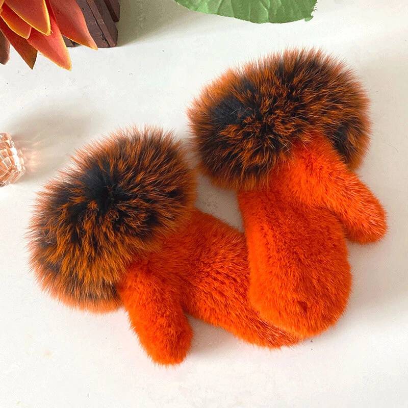 Women's Double Side Real Mink Fur Gloves Mitten + Real Fox Fur Wristband Trim