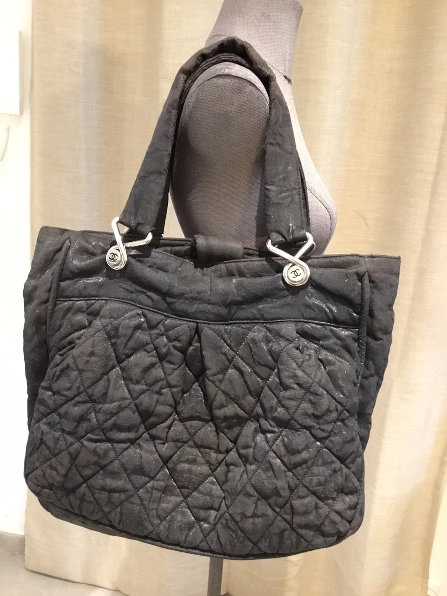 Authentique grand sac toile matelassé noir Chanel