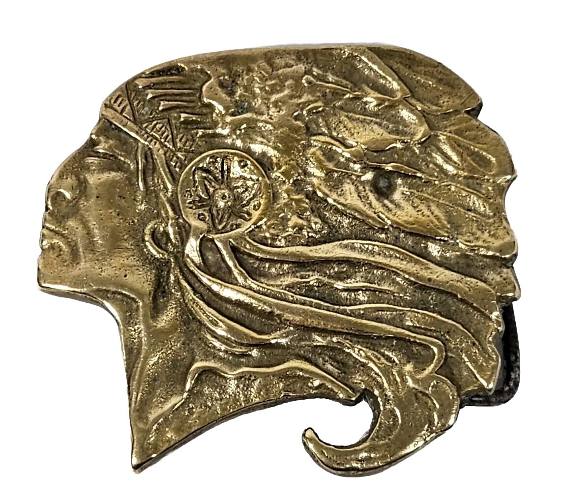 Vintage Solid Brass Native American Indian Chief Head Belt Buckle **READ**