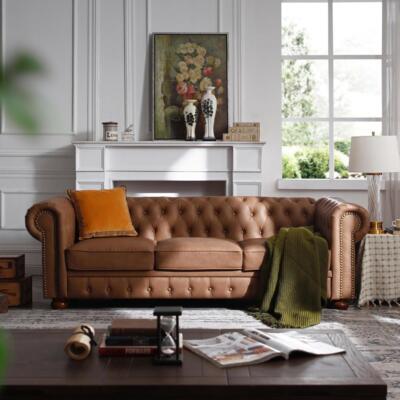 Classic Chesterfield Sofa Dark Grey Faux Leather