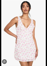 Women's Sz L White & Pink Floral Babydoll Satin Whimsical Tie Waist Mini Dress