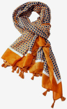 Tassel Scarf Ladies Brown Orange Wrap Squares Print Oversized Shawl Tasselled