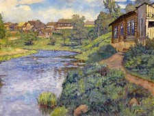 Village Stream by N. Belsky Houses Tile Mural Kitchen Backsplash Marble Ceramic