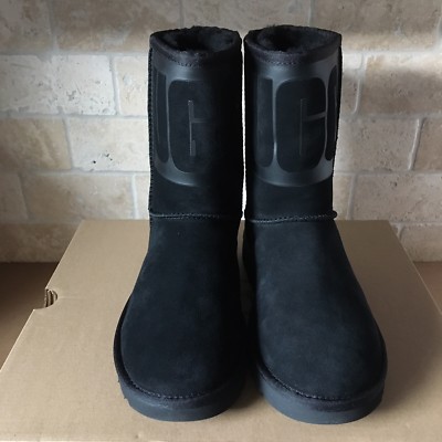 UGG Classic Short Rubber UGG Logo Black Suede Sheepskin Boots Size