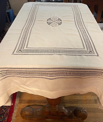 VINTAGE CUTWORK LACE INSERT WHITE COTTON TABLECLOTH 78 X 54 - Picture 5 of 8