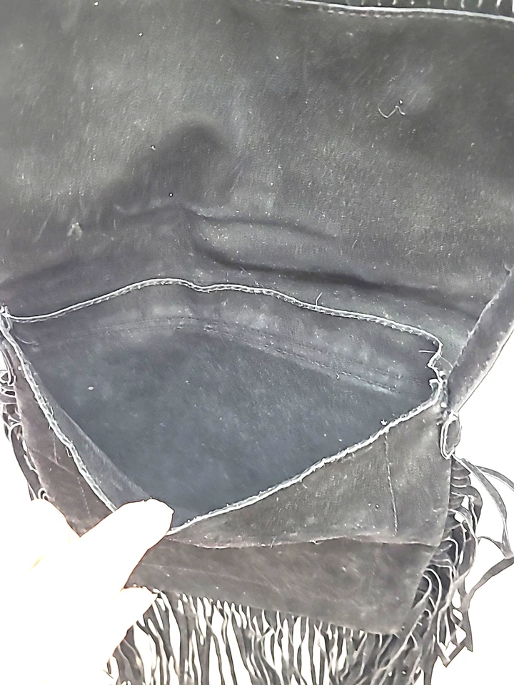 Black Fringe Crossbody Bag Long Fringe Studded Biker Rock and Roll Faux Suede - Image 4 of 4