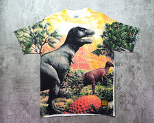 Vintage 1990s Stanley Desantis "Dem Bones" T-Rex AOP Shirt Size L
