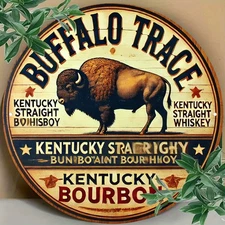 Vintage Buffalo Trace Round Tin Metal Signs - Rustic Kentucky Bourbon Decor with