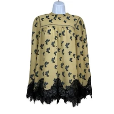 Max Studio Top Women Tan Black lace Trim Crow Print Whimsigoth Witchy Boho Sheer