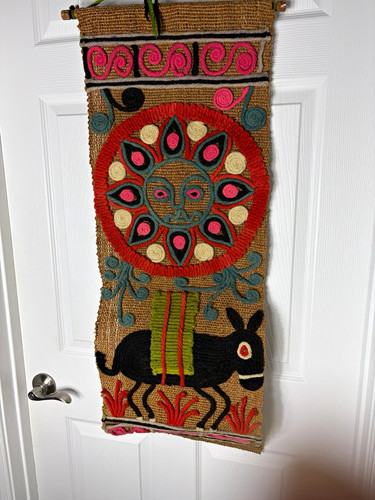 Vintage Mexican Folk Art Fiber Wall Hanging Sun Donkey Burro Jute Yarn Boho