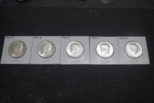 ( 5 ) UNCIRCULATED 40% SILVER 1965 - 1969 D JOHN KENNEDY HALF DOLLARS FAST SHIP