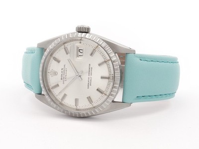Rolex Datejust 36 Stainless Steel Silver Stick Dial Automatic Blue Leather 1603