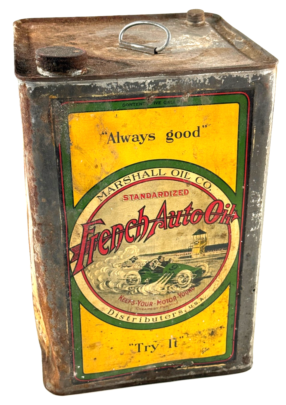 MEGA RARE Antique 1920's Marshall French Auto Motor Oil 5 Gallon Can NICE sweaty