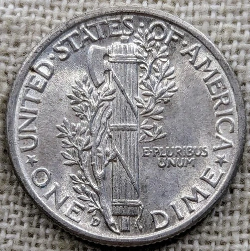 1942 D Mercury Dime UNC BU MS : Full Split Bands FB FSB - .9 Fine Silver Coin