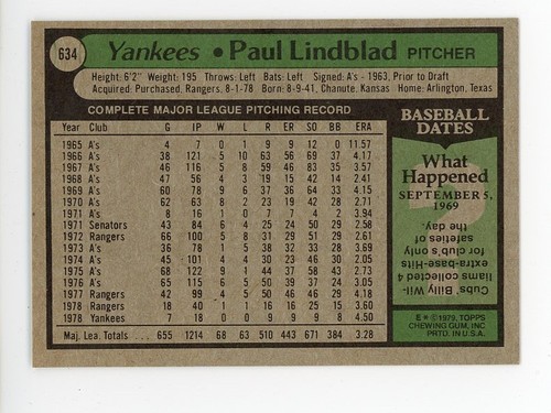 1979 Topps #634 Paul Lindblad NM or Better - Picture 2 of 2