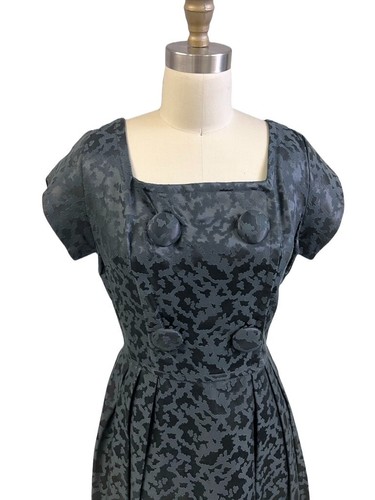 VTG Cocktail Dress Black Damask 1960s S M NWOT Square Neck Huge Buttons - Picture 2 of 9