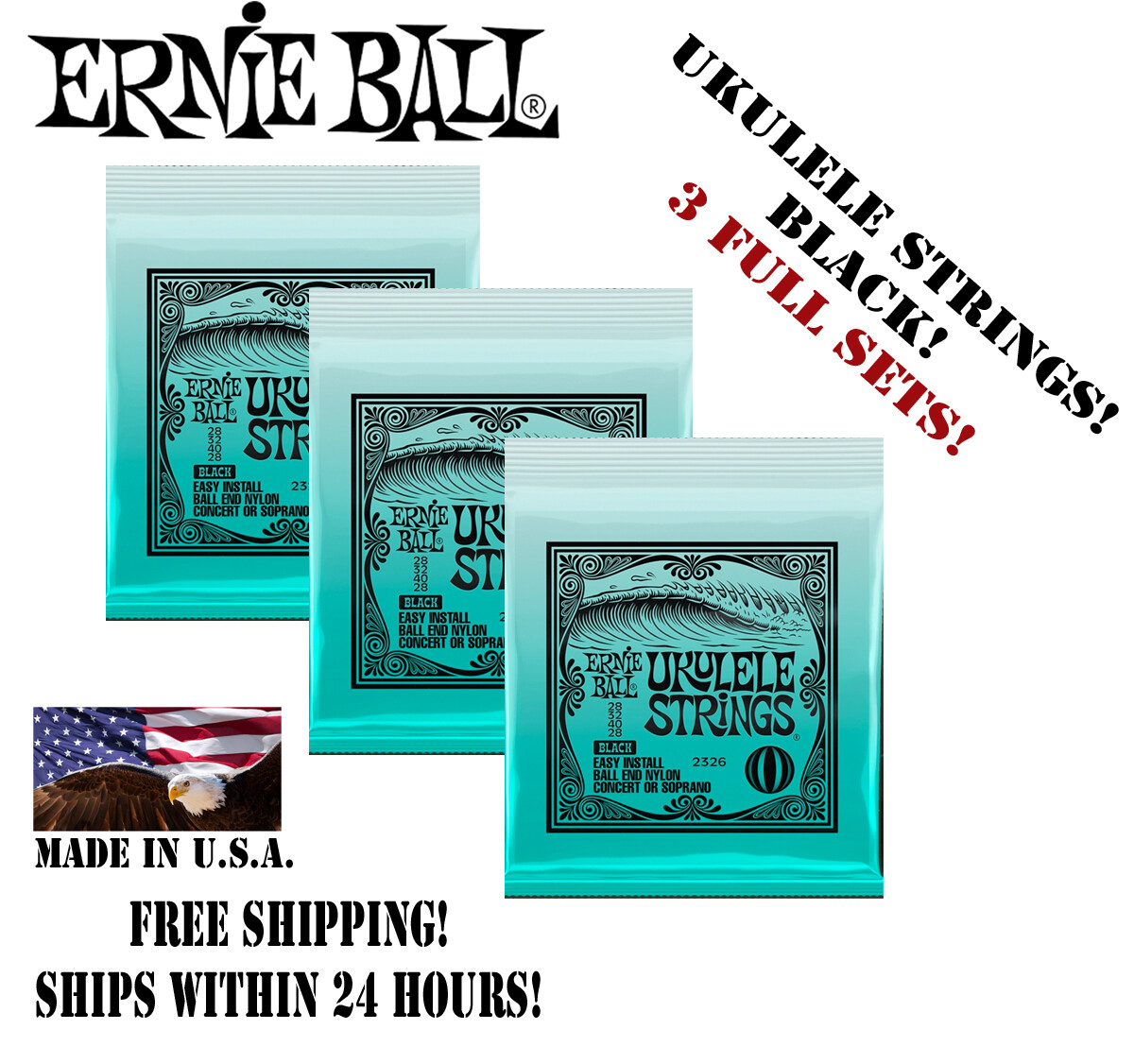 ** 3 SETS Ernie Ball 2326 Nylon Ball End Ukulele Strings Black (28-28) **