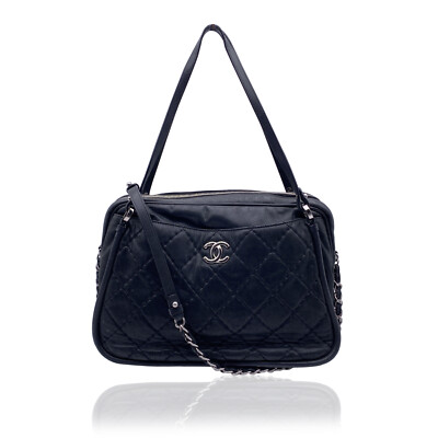 Authentic Chanel Black Quilted Leather Relax CC Camera Shoulder