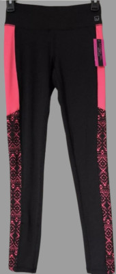 Material Girl Active Juniors' Lace Contrast-Side Neon Pink/Black Leggings L NWT