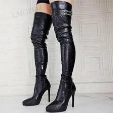 Women Thigh High High Boots Stretchy Platform Side Zip Over Knee  Boots Shoes