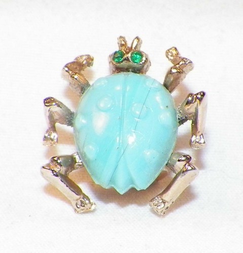 2 Spider Scatter Pins Rhinestone Eyes Blue Milk Glass Body Goldtone Metal Vintag - Picture 4 of 5