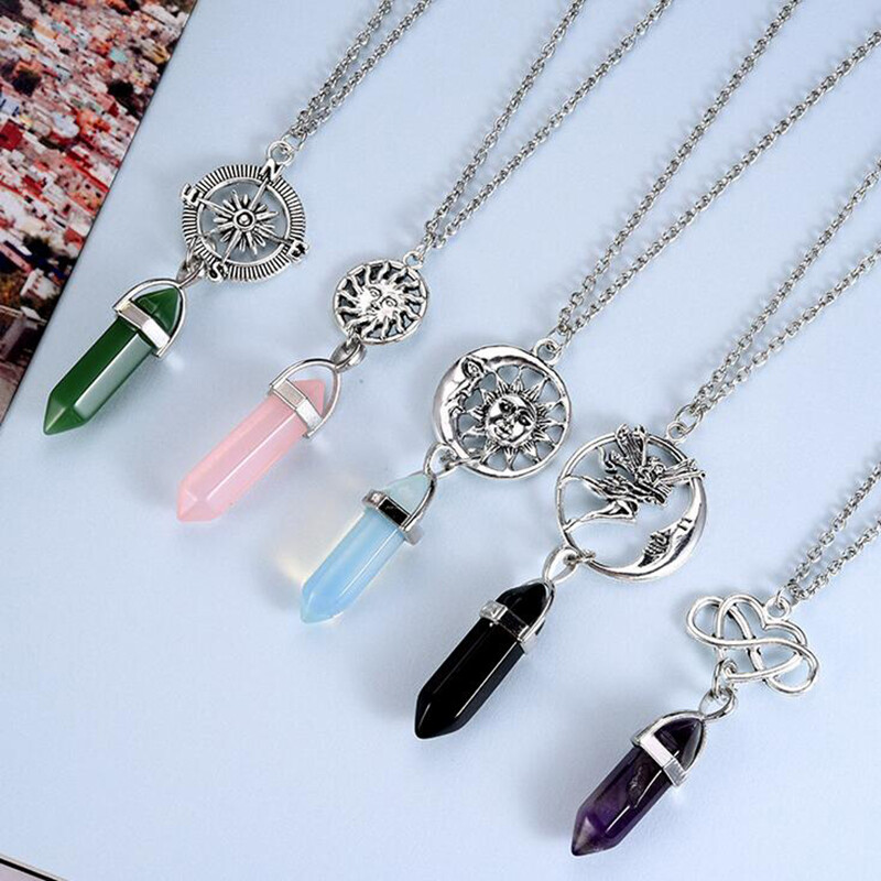 Natural Quartz Crystal Hexagonal Chakra Pendulum Stone Pendant Necklace