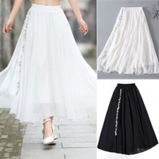 Gonna Midi Etnica Donna Chiffon Ricamo Floreale Vita Elastica Bottone Larga
