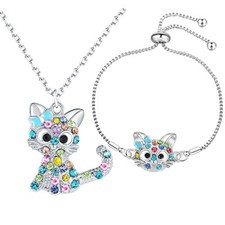 Lovely Rainbow Rhinestone Cat Jewelry Set For Girls Pendant Necklace For Girl