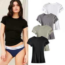 Womens Round Neck Short Sleeve Stretch Slim Ribbed T-Shirt- Stylish Comfortable