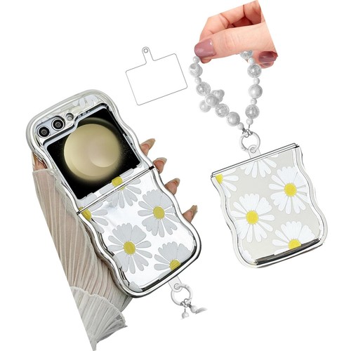 For Z Flip 5 Case with Strap and Phone Card Gasket, Cute Flower Z Flip 5 Case