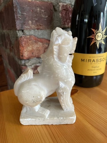5" Vintage Hand Direct Carved White Marble Thailand Foo Fu Dog - Picture 4 of 7