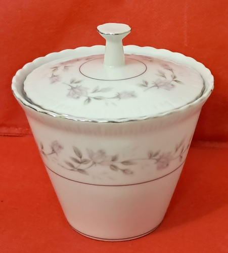 YORK BY EMPRESS (JAPAN) 609 PINK ROSES GRAY LEAVES SCALLOP SUGAR PLATINUM BOWL - Picture 2 of 5